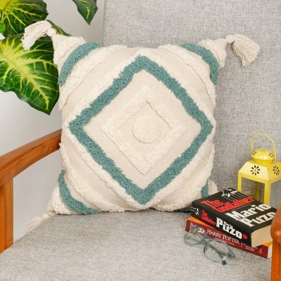 Tufted Cushion Cover concentric squares, dual color, tassles, blue, 16x16 - Picture 6 of 6